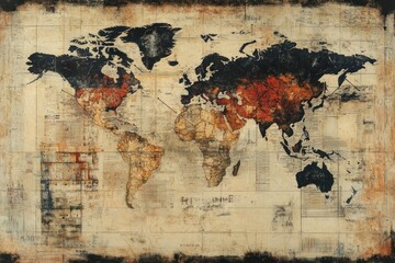 Vintage world map with rich textures and colors, historical backdrop