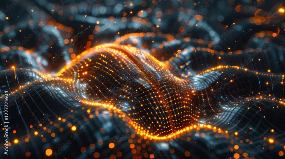 Poster abstract digital landscape with flowing waves of light and color against a dark background