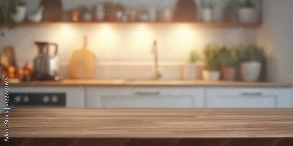 Aufkleber wooden table surface with bokeh kitchen background for empty copy space and text placement in culina