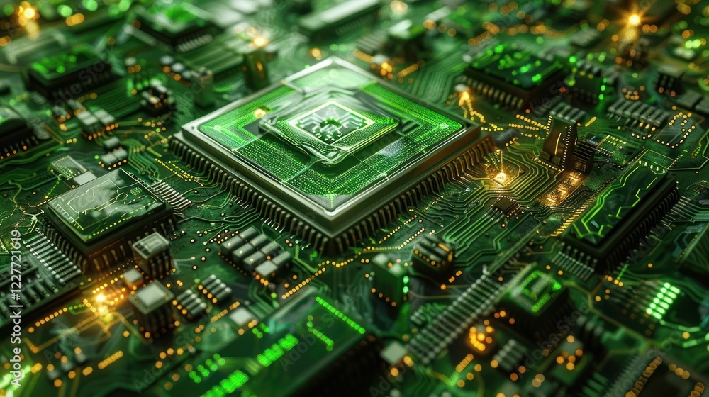 Aufkleber intricate green circuit board design showcasing a central processor amidst glowing components
