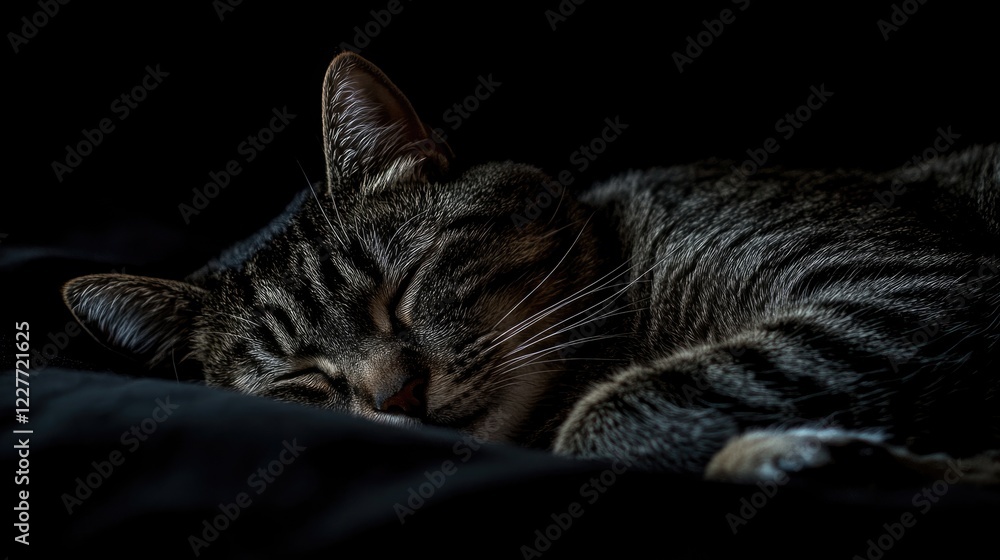 Poster sleeping tabby cat on dark bedding with serene expression and ample empty space for text or graphics
