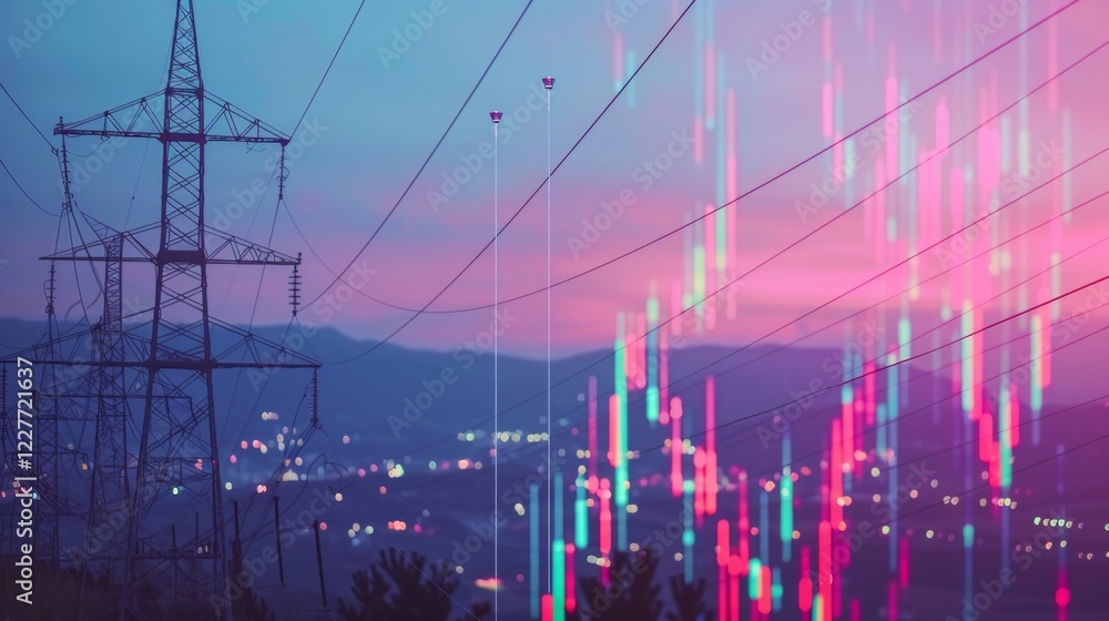 Poster dynamic stock market graph with electric power line backdrop in accordion style visualization