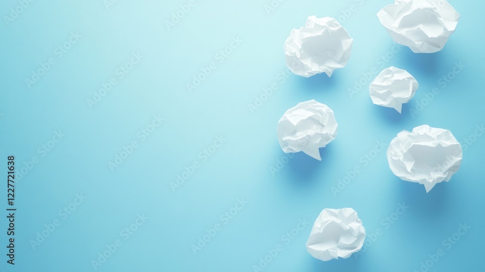 Poster crumpled paper balls on blue background symbolizing fresh ideas and creativity with empty copyspace 