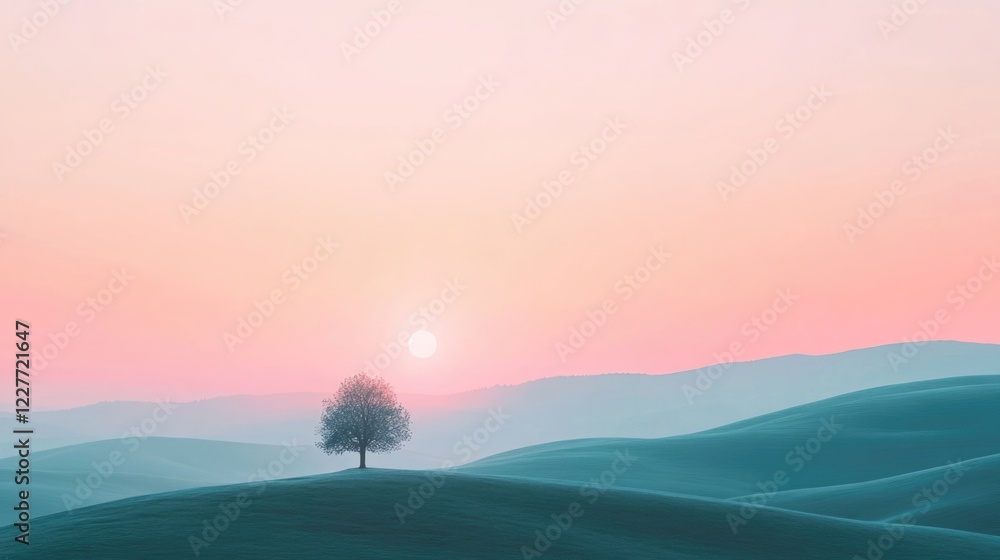 Poster serene sunrise over rolling hills with a solitary tree vibrant colors and empty space for text perfe