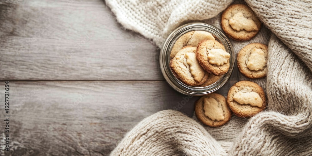 Poster cookies in a jar on a cozy wool background with ample copy space for text and a warm, inviting atmos