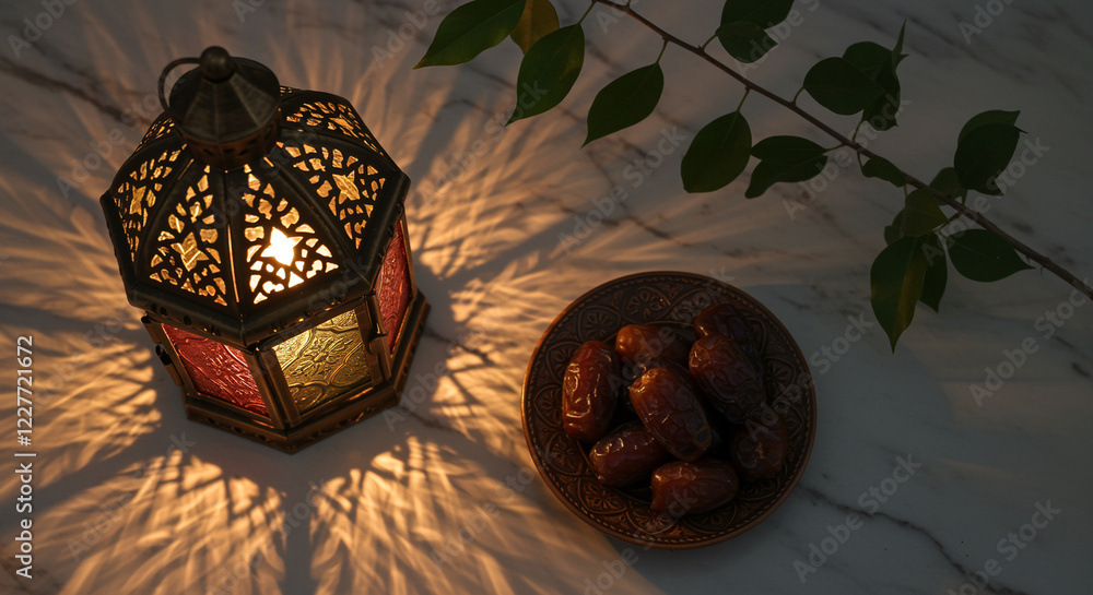 Poster lantern with dates on a plate. decorative lantern with dates on marble background