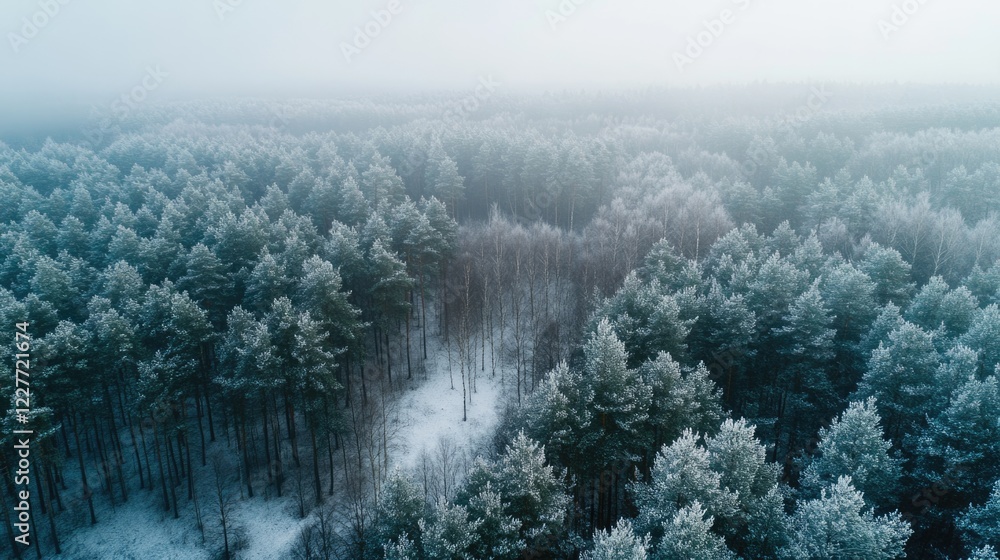 Poster Aerial view of a winter forest landscape with frosted trees and snow-covered ground ideal for text overlay in a tranquil setting