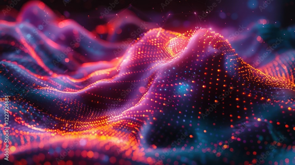 Poster vibrant abstract landscape of glowing particles creating a wave-like formation in a digital space