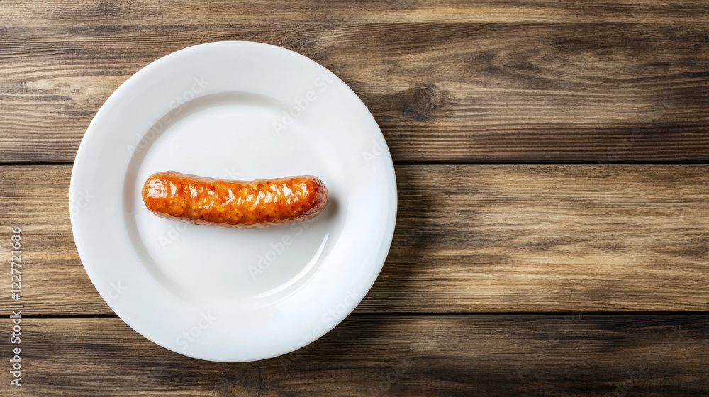 Poster sausage on white plate centered on rustic wooden table background