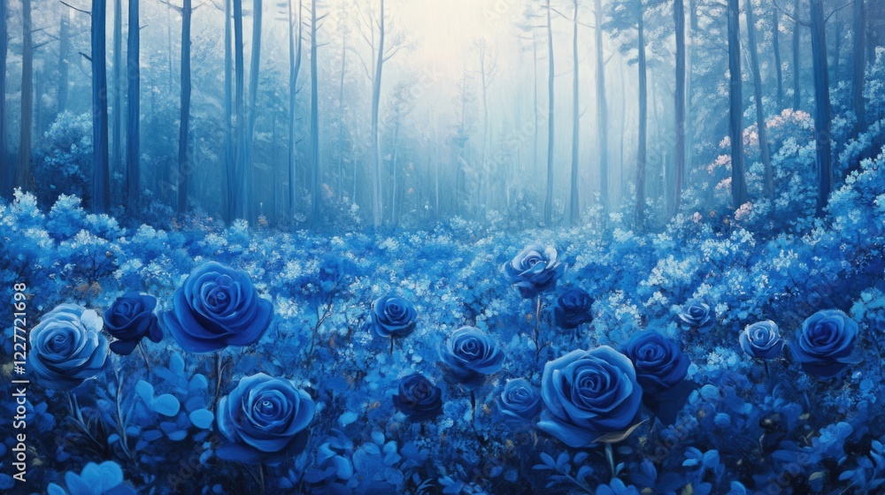 Poster Serene blue rose garden in a misty forest setting with vibrant floral patterns and soft light creating a tranquil atmosphere