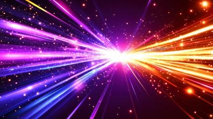 Fototapeta premium Abstract background with vibrant purple and orange light streaks converging at the center against a dark backdrop, interspersed with sparkling