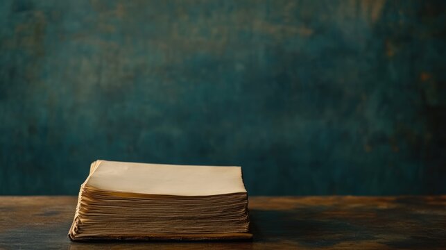 Stack of old ledger records on wooden table with textured background and blank space for adding text or notes about accounting solutions