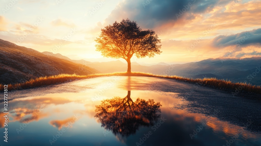 Poster solitary tree reflecting on a mountain road during sunrise with light scattering and ample space for