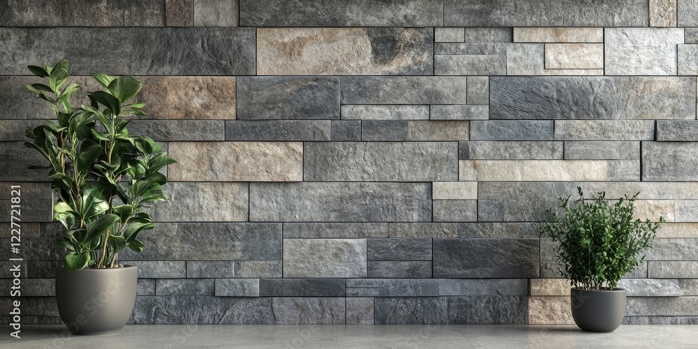 Poster stylish gray and natural stone wall tile accent featuring planters and empty space for custom text o