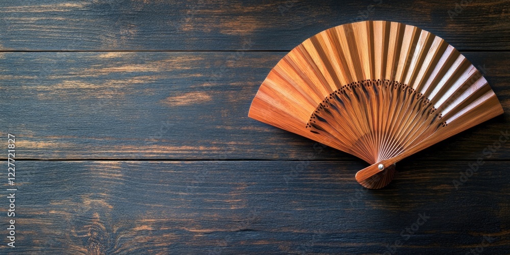 Poster elegant wooden handheld fan on rustic wood background with ample empty space for text showcasing a b