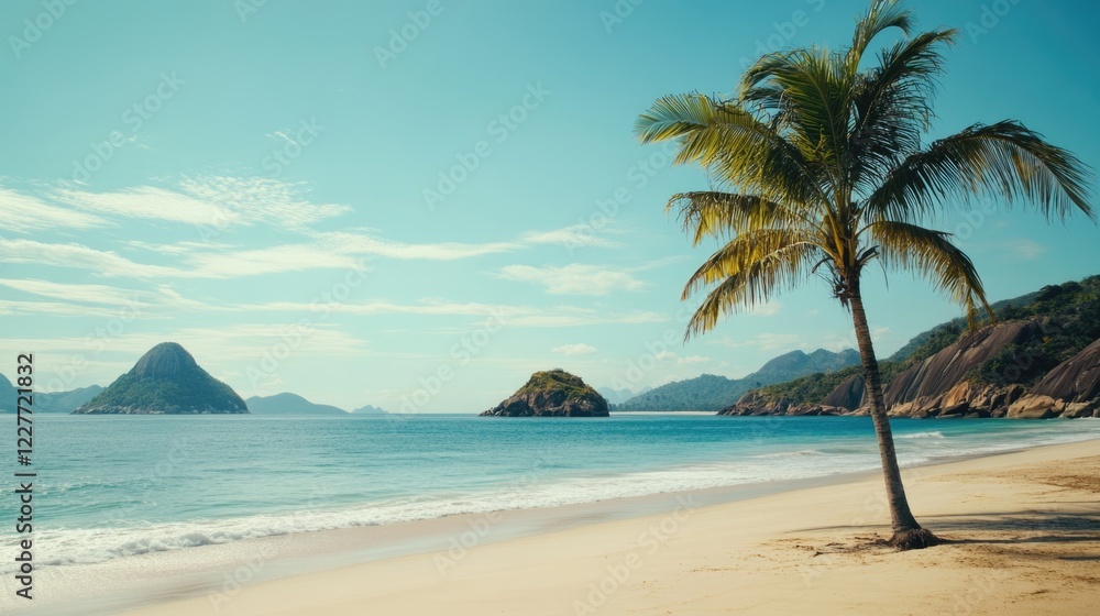 Poster tropical beach scene with palm tree and calm ocean under clear sky ideal for text overlay vibrant tr