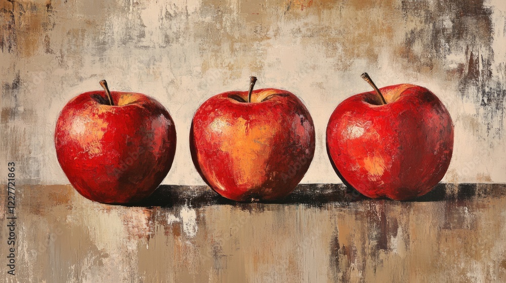 Aufkleber tranquil still life featuring three glossy red apples against a textured background showcasing natur