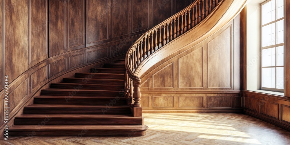 Poster elegant wooden staircase in a classic interior setting with ample natural light and space for text o