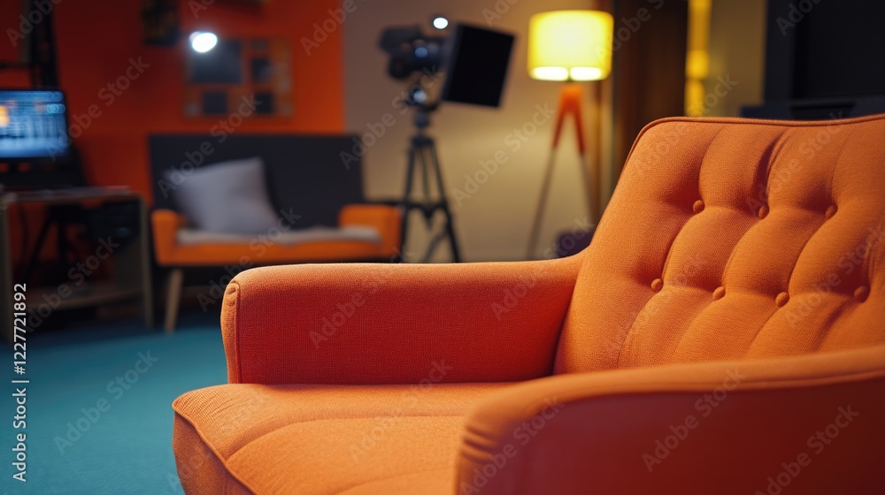 Poster cozy orange studio couch with empty copyspace in modern interior setting suitable for guest appearan