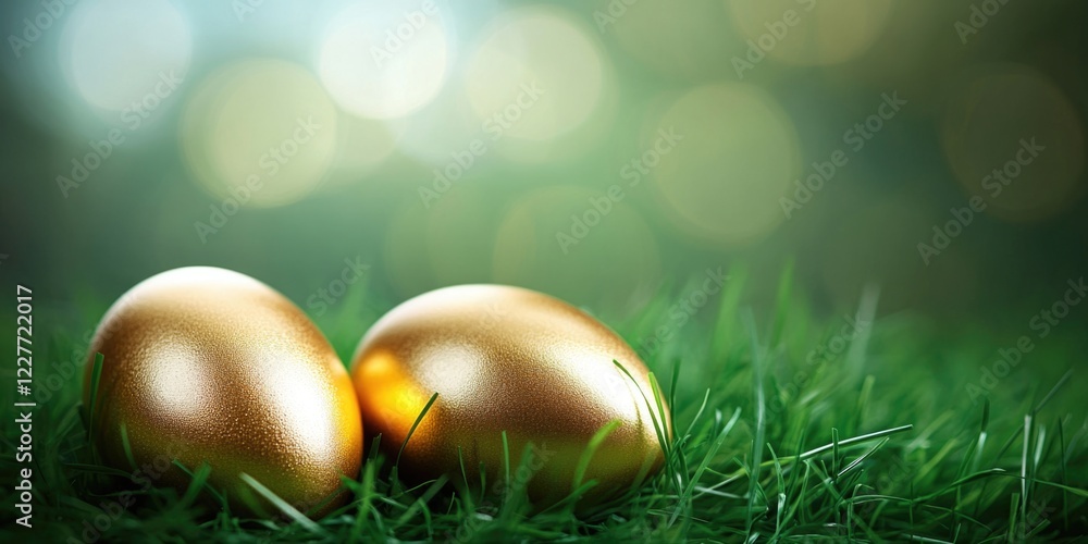 Poster stylish golden easter eggs resting on lush green grass with soft bokeh background and ample space fo