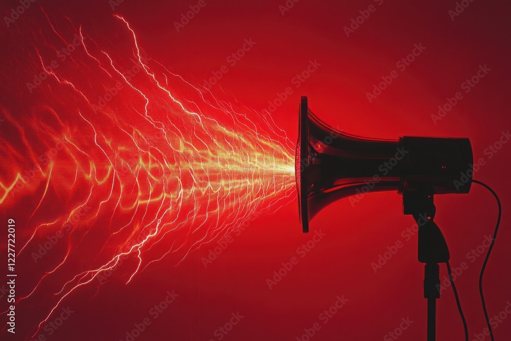 Poster dynamic red sound waves from a loudspeaker