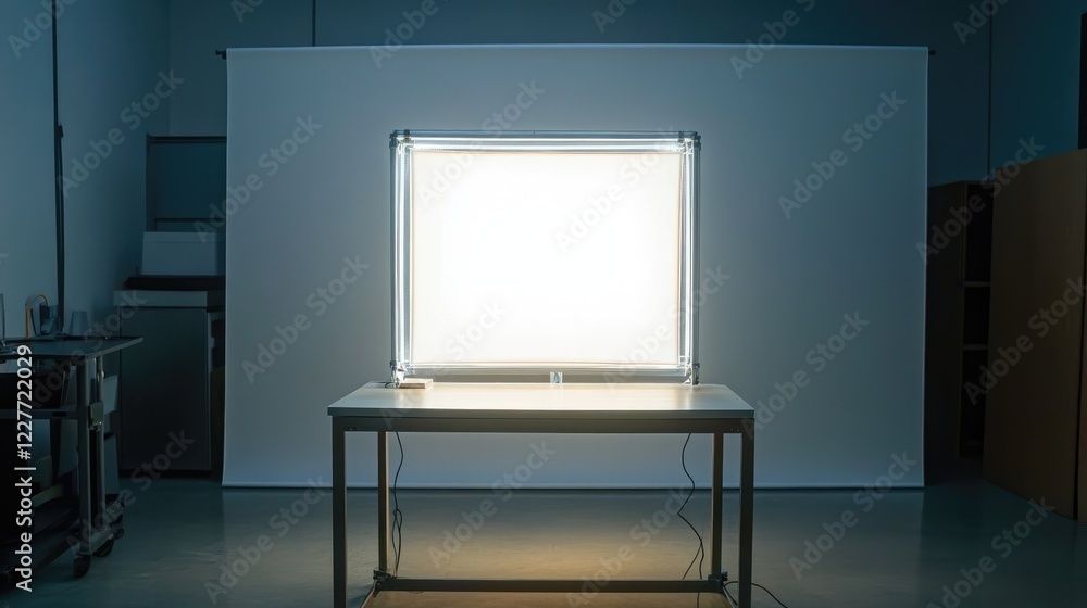 Poster Modern Photography Studio Featuring Illuminated Light Box on Minimalist Table Setting