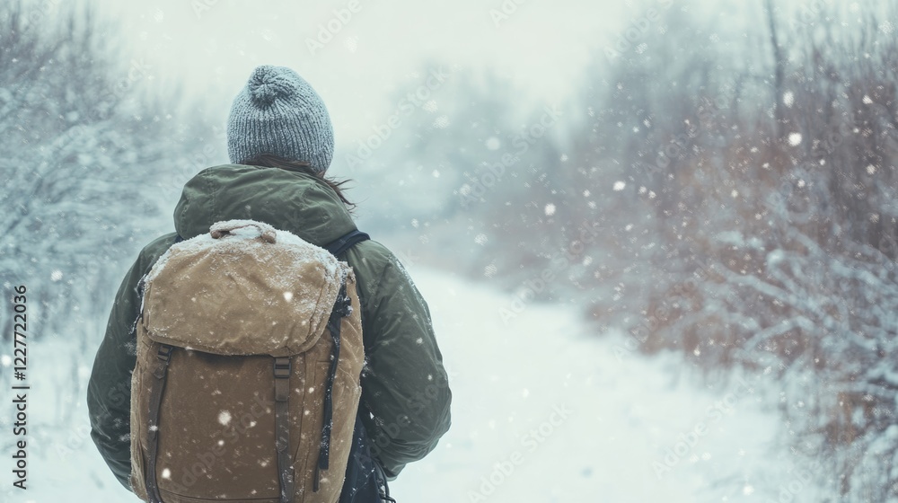 Poster winter hiker with backpack in snowy landscape surrounded by trees with empty copy space for text or 