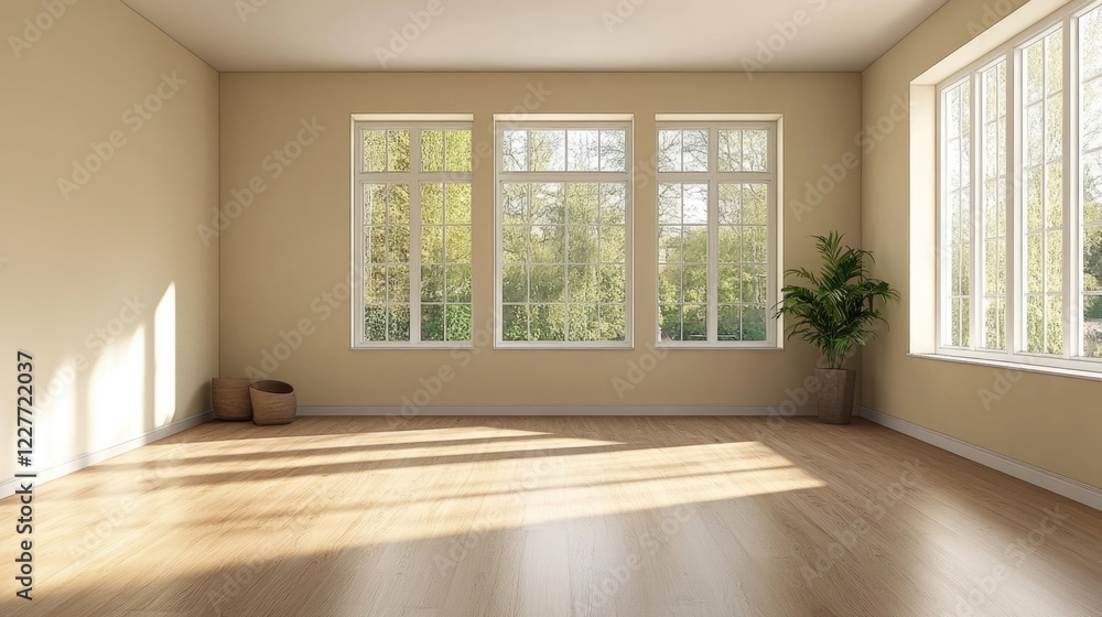 Poster modern empty room with natural light and large windows ideal for interior design mockup