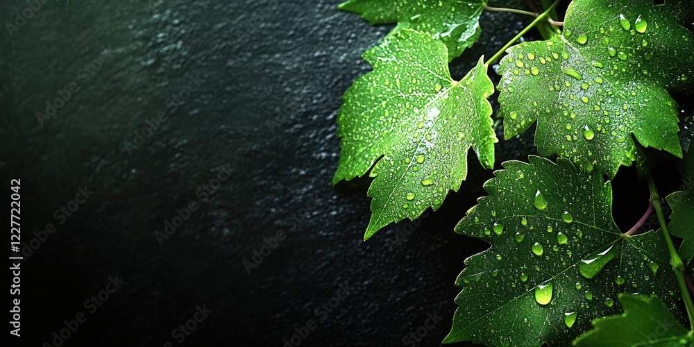 Poster elegant close-up of grape vine leaves with water droplets and dark background for text overlay