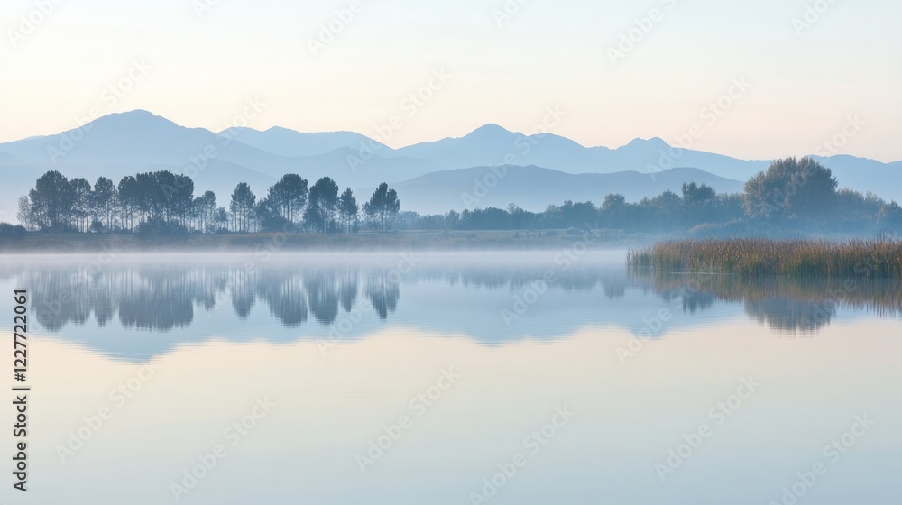 Poster tranquil morning lake scene with blurred reflections of pine forest and distant mountains creating a