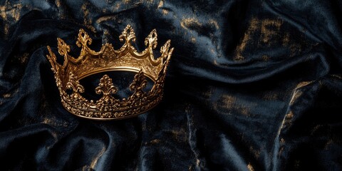 Luxurious gold crown placed on rich velvet fabric with ample space for personalized text or announcements