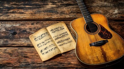 Fototapeta premium An aged acoustic guitar and old sheet music lie on a rustic wooden surface, illuminated by warm, ambient light. The scene inspires nostalgia and a