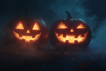 Spooky Halloween Gift Box with Glowing Jack-o'-Lanterns and Eerie Atmosphere Surrounded by Pumpkins and Autumn Leaves in a Mystical Night Scene