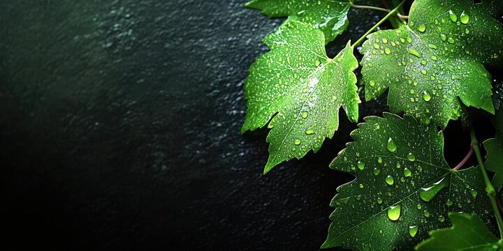 Elegant Close-Up of Grape Vine Leaves with Water Droplets and Dark Background for Text Overlay