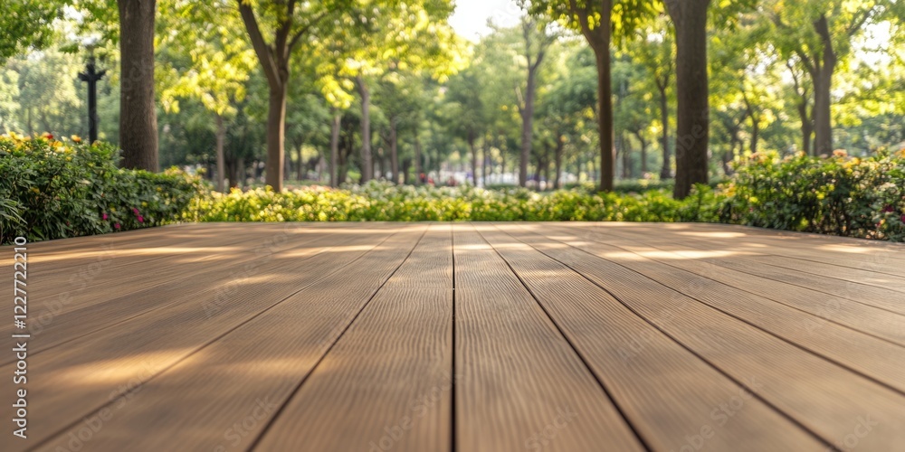 Poster empty synthetic wood deck in a public park surrounded by greenery and trees with ample space for tex