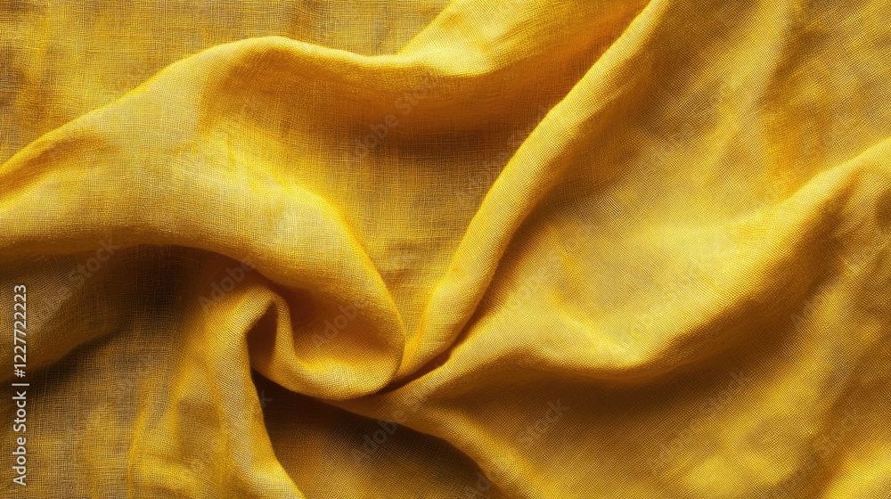 Poster textured yellow cotton linen canvas fabric background with soft drapes and folds for design and text