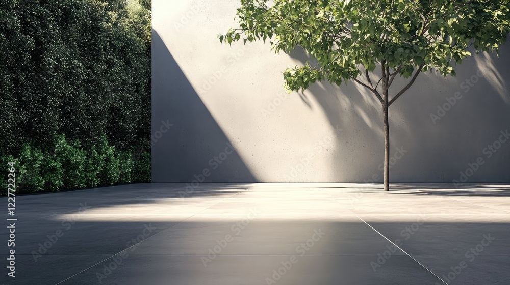 Poster minimalist concrete patio design featuring deep shadows and a solitary tree against a textured wall 