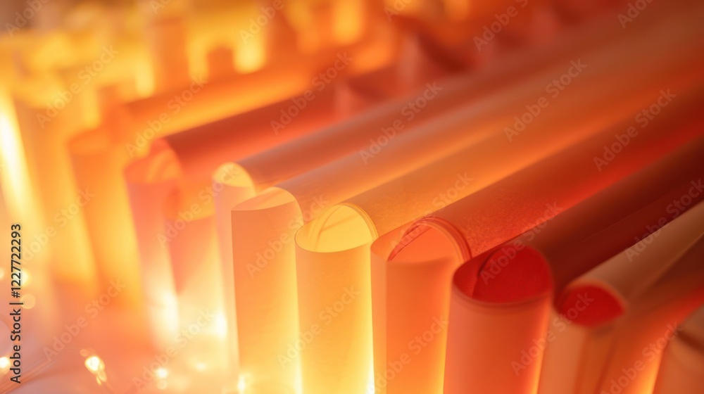 Aufkleber abstract arrangement of illuminated paper rolls in warm tones, creating a vibrant background atmosph