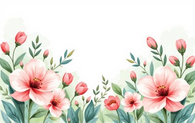 Fototapeta premium Elegant Pink Floral Border Design Watercolor Style Blooming Flowers Botanical Illustration Spring