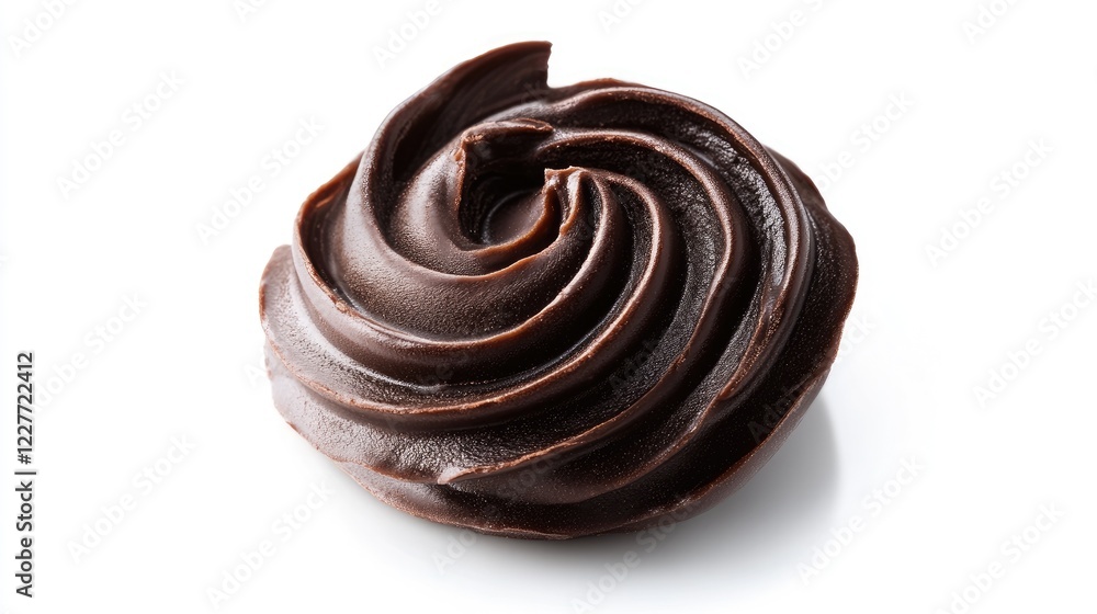 Poster Dark chocolate swirl with smooth texture and gentle ripples on a white background capturing elegance and richness in dessert presentation