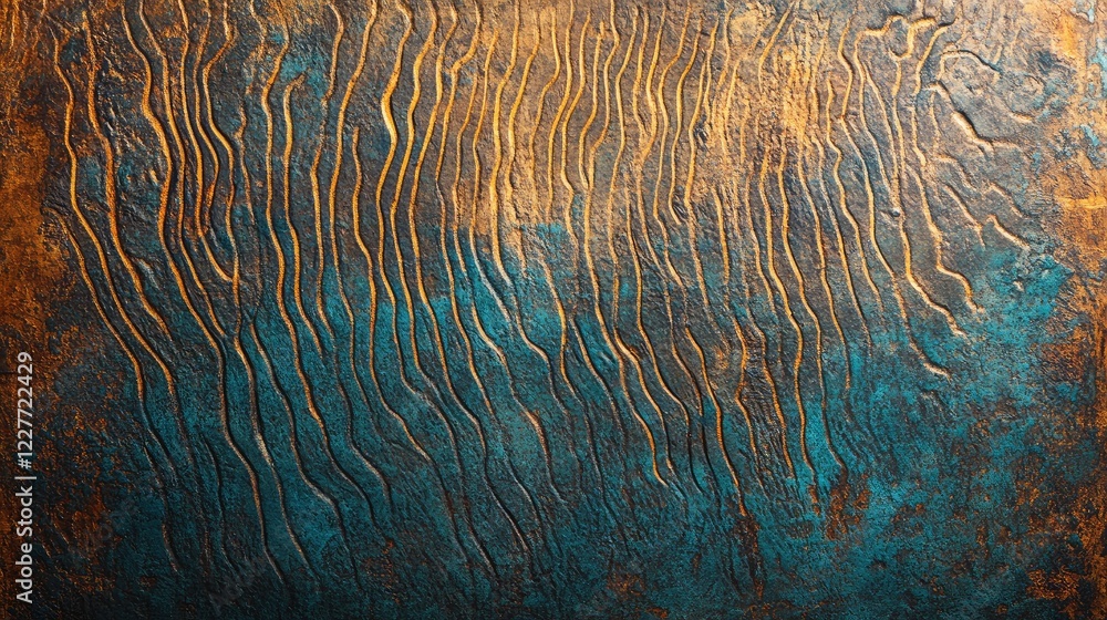 Poster Textured Copper Surface with Aging Lines and Blue Patina Ideal for Weathered Concepts and Backgrounds with Space for Text Placement