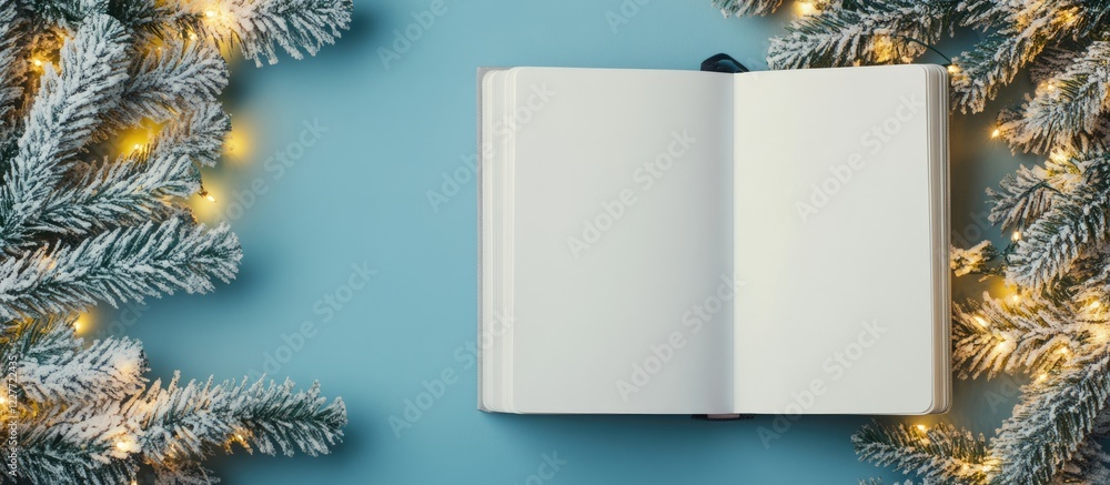 Poster Blank book mockup surrounded by festive evergreen branches and lights for planner design with space for personalized text and messages