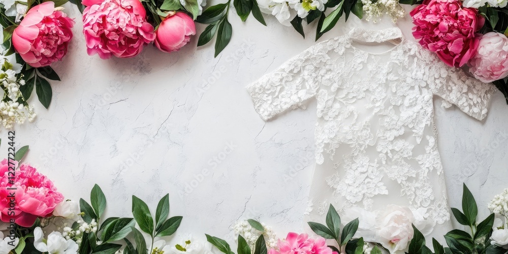 Poster Elegant White Gown Displayed with Fresh Peonies Surrounding it and Ample Empty Space for Custom Text or Design Elements