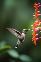  A delicate hummingbird gracefully hovering near vibrant flowers