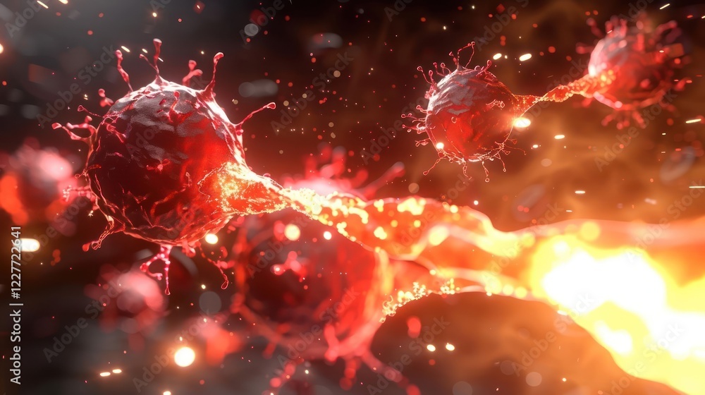 Poster abstract representation of cells interacting dynamically in a vibrant, colorful environment