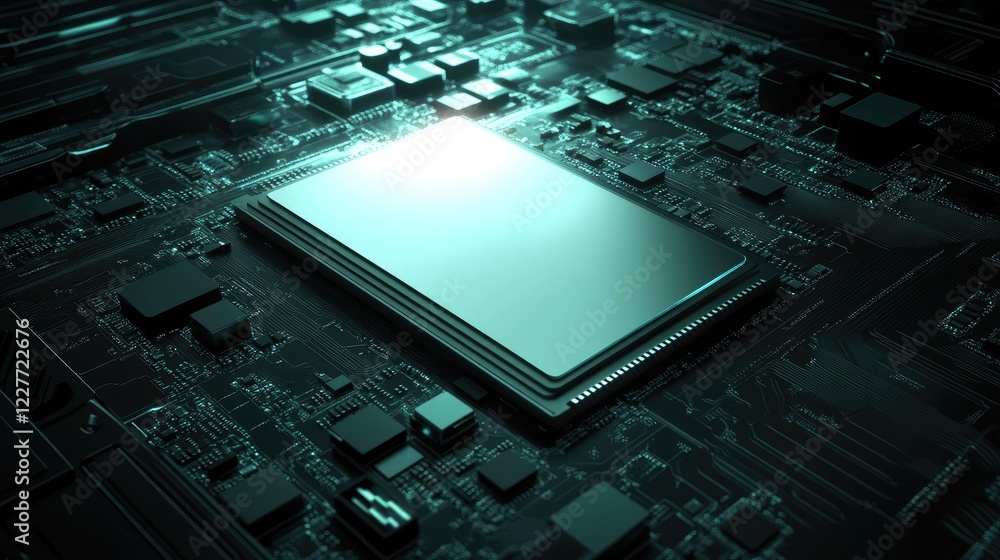 Poster solid state drive on circuit board with glowing components and dark background technology concept