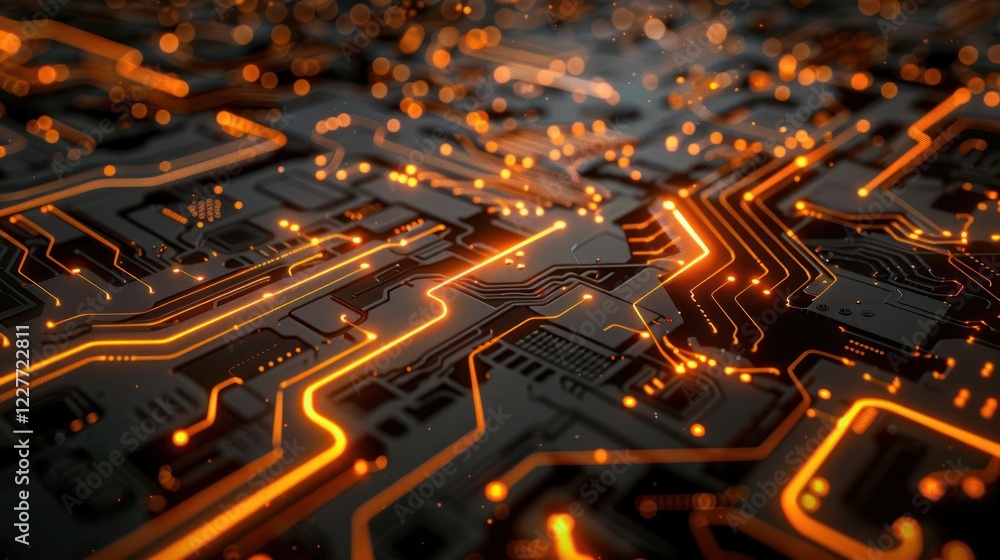Poster abstract close-up of a circuit board with glowing orange lines on a dark background, showcasing tech