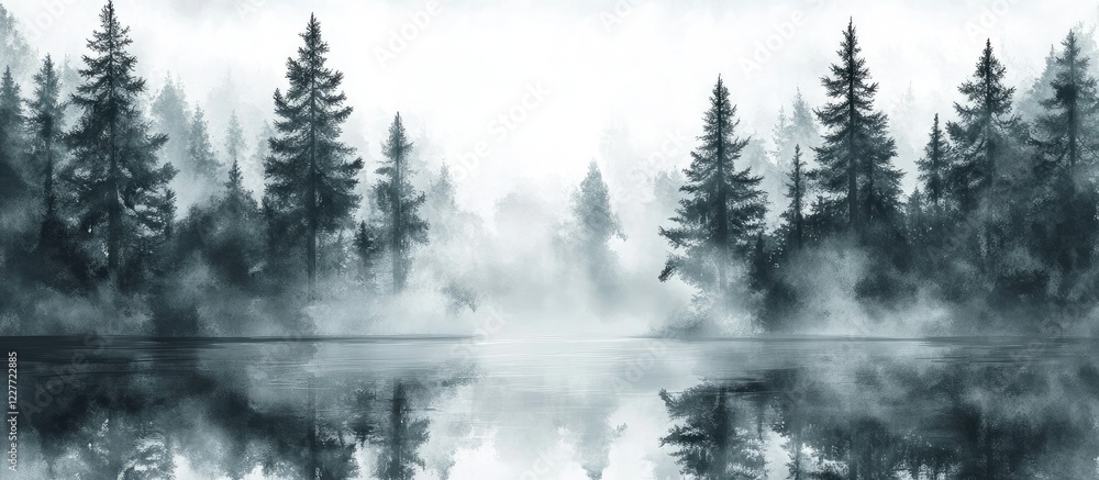 Poster foggy forest panoramic view of dark fir trees in misty eerie nature with water reflection and empty 
