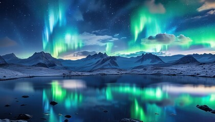 Stunning Aurora Borealis Reflected in a Tranquil Polar Winter Landscape at Dusk