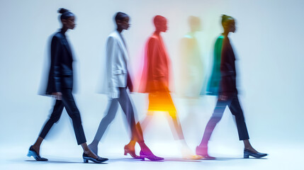 Fashion models in motion on a runway, showcasing diverse styles and vibrant colors, symbolizing contemporary style, movement, and dynamism.